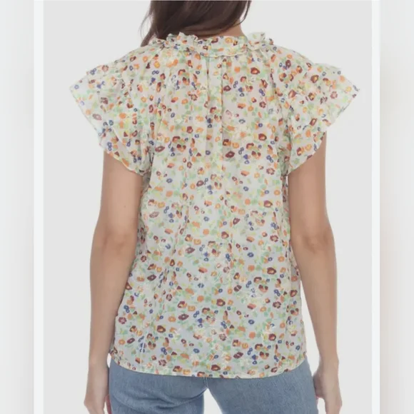 Rain Floral Ruffle Cap Sleeve Tie-Neck Blouse - Picture 2 of 7